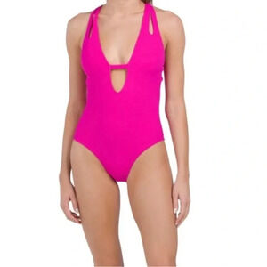 BECCA Virtue Magenta Pink Rib Plunge Neck One Piece Swimsuit NWOT L